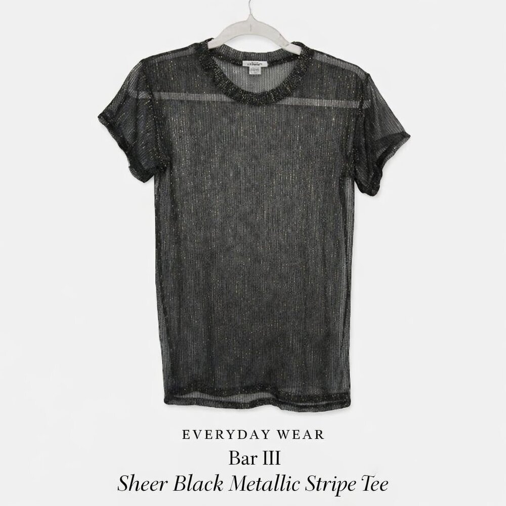 Bar III Sheer Black Metallic Stripe Tee Silver Gold Short Sleeve Crew Neck S